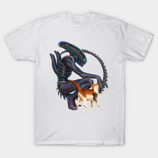 Xenomorph and Jonsey the cat T-Shirt by Magical Forest